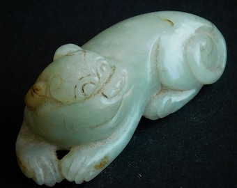 Chimera Bixie Guardian Antique Chinese Carved Nephrite Jade Toggle Charm Pendant 古董辟邪青玉珮