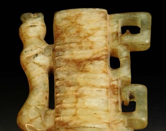 19thC Tiger Slider Antique Chinese Yellow Russet Haitian Jade Belt Buckle Toggle 天然和田玉石紋帶鉤