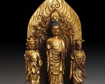 Estatua antigua del Buda de la Tríada Amitabha de bronce dorado estilo dinastía Tang china 18"H 阿弥陀佛
