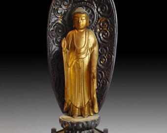 Amida Nyorai Amitabha Buddha Antique Japanese Gilt Wood Shrine Statue 阿弥陀如来
