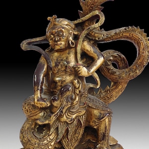 Antique Chinese Monkey King Taming Dragon Lacquer Gilt Wood Carving  孫悟空降龍