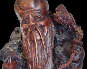 Longevity Star God Taoist Deity Shoulao Antique Root Wood Buddha Statue 16”H 南極寿星