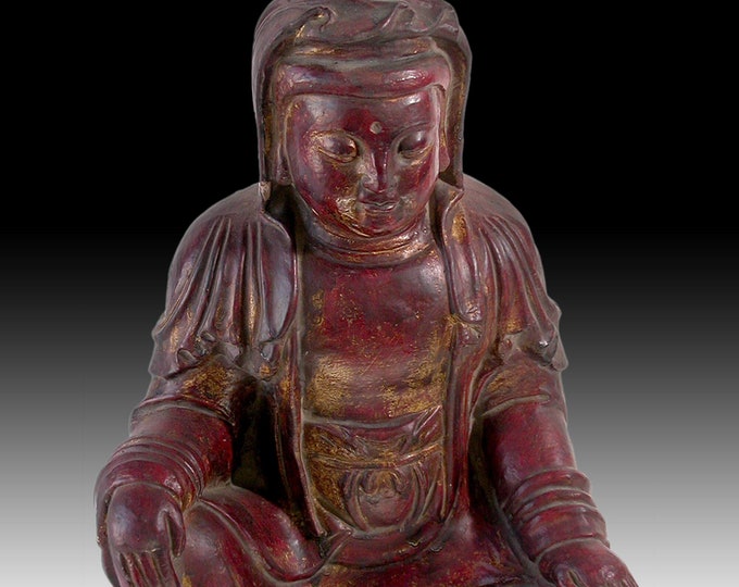 Antique Chinese Compassion Goddess Guan Yin Lacquer Shell Wood Buddha ...