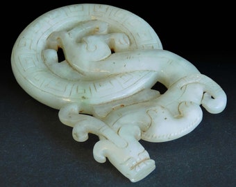 Nephrite White Jade Chilong Dragon Emerge from Pei Disk Endless Knot Wheel Scroll Weight Toggle 螭龍白玉珮