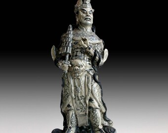 Lg 1, Antique Chinese Blue & White Porcelain Jambhala Deva King Guardian Ceramic Statue 天王魔禮壽