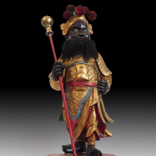 Antique Door Gods Menshen Guardians Polychrome Camphor Wood Statue 門神