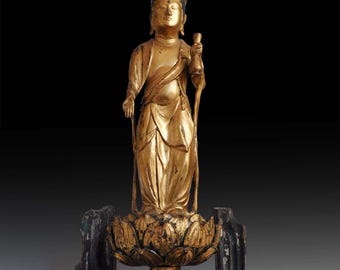 江戸時代の青銅製観音像 - 高さ30cm、穏やかな眼差しと流れるような衣