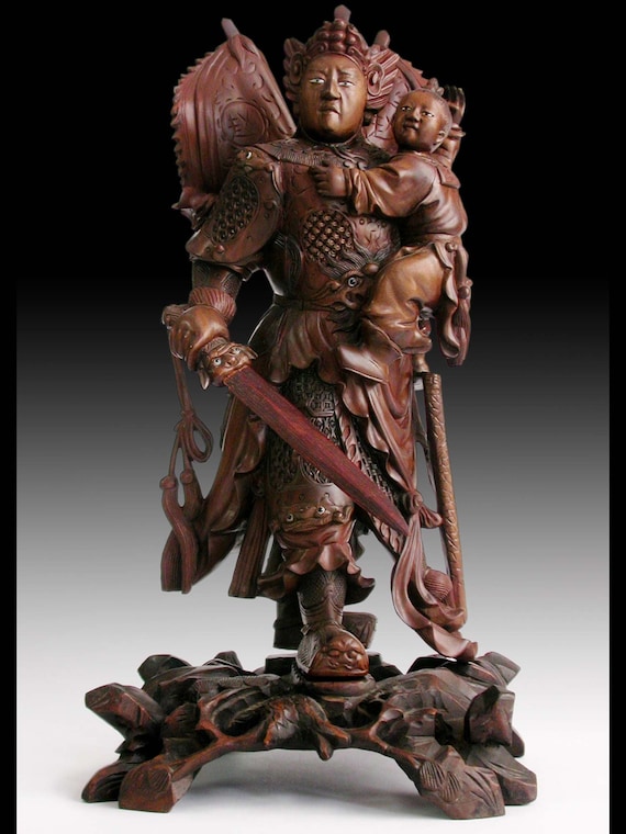 中国アンティーク三国志紫檀手彫り像：趙子龍、阿斗を救う（高さ