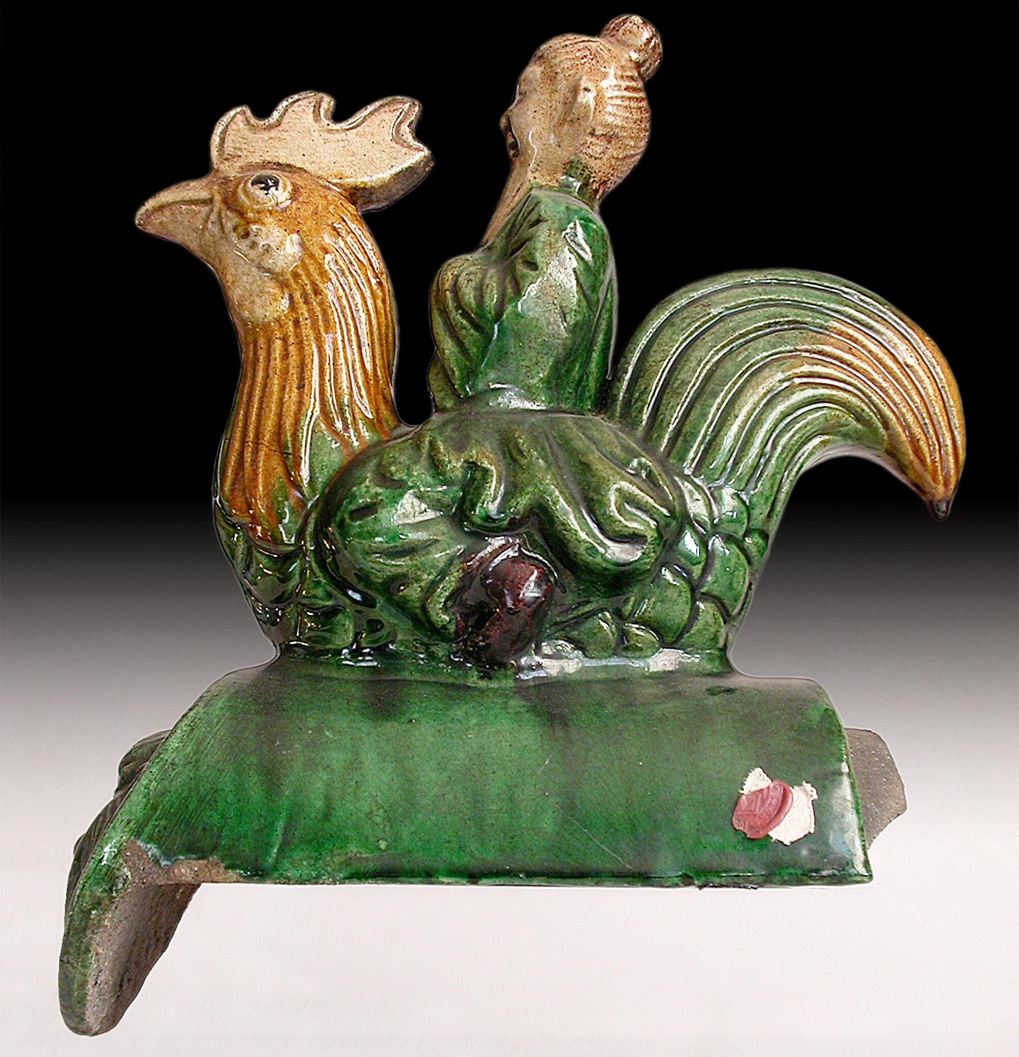 Antique Chinese Ceramic Taoist Immortal on Rooster Sancai Roof