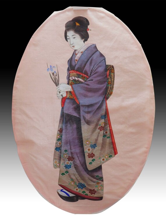 Antique Japanese Meiji Lady Silk Painting of Geisha Bijin in  