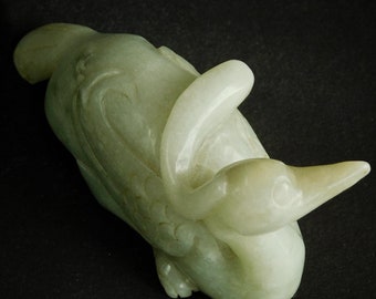 Vintage Celadon Nephrite Jade Ho Ho Bird Fenghuang Phoenix Brush Rest 灰綠玉鳳凰