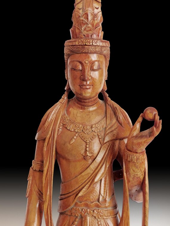 Vintage Japanese Carved Kannon Bosatsu Hinoki Wood Buddha