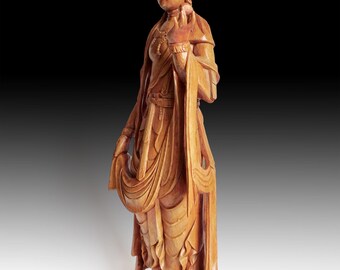 Vintage Japanese Carved Kannon Bosatsu Hinoki Wood Buddha