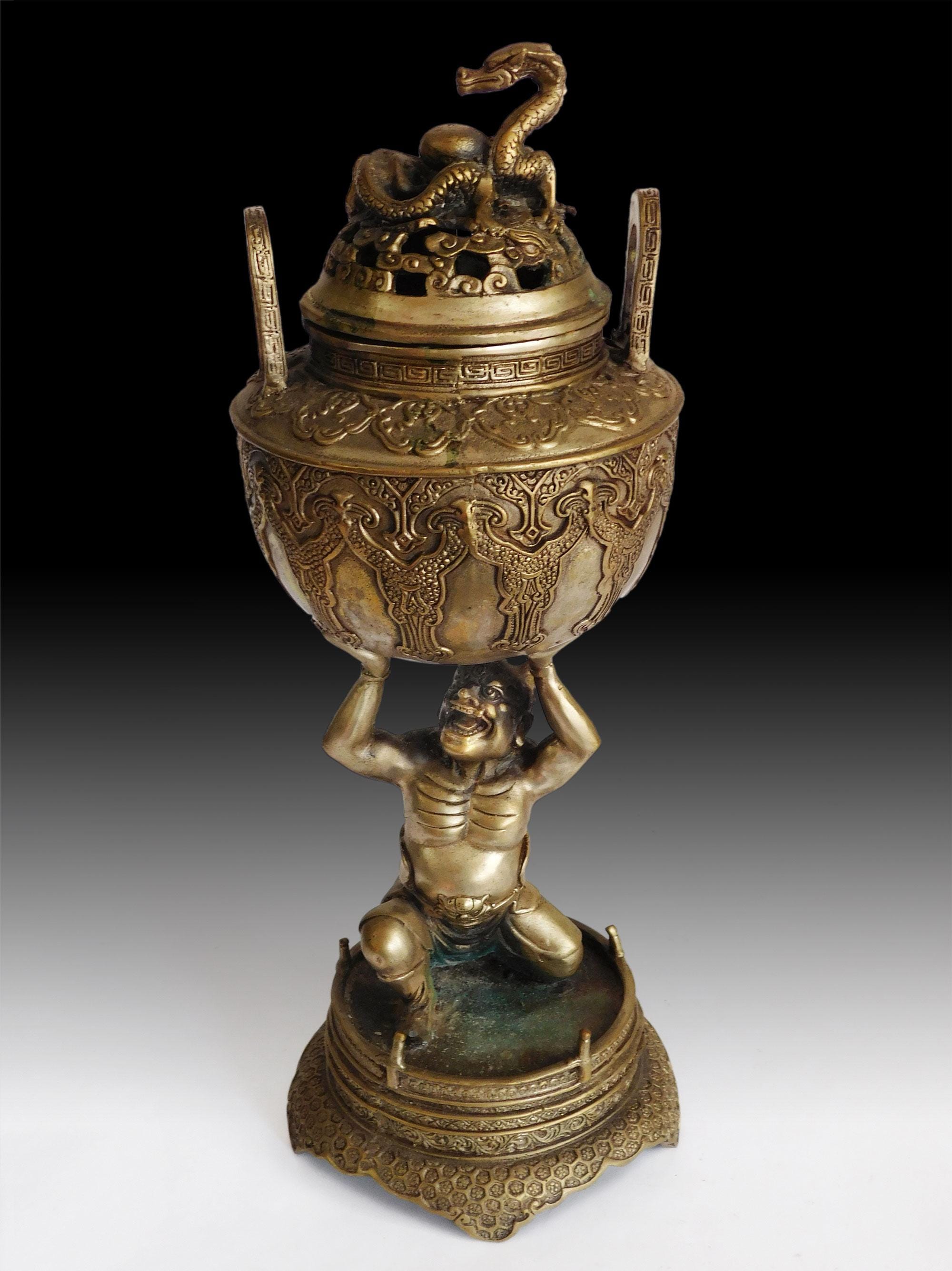 Vintage Chinese Nio Guardian Dragon Bronze Censer Incense Burner