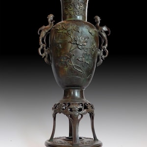 Antique Japanese Bronze Koro Flowers of Riches Ritual Censer Kabin Vase 17”H 富貴花雀花瓶