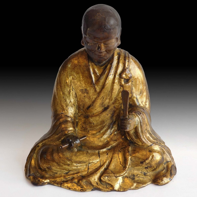 Shonin Zen Master Nichiren Shonin Antique Japanese Joined Blocks Gold Gilded ...