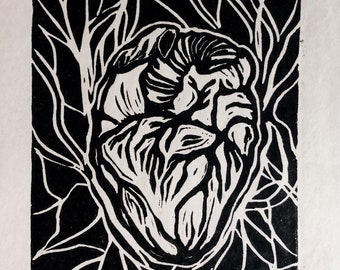 Original linocut, Anatomical Heart