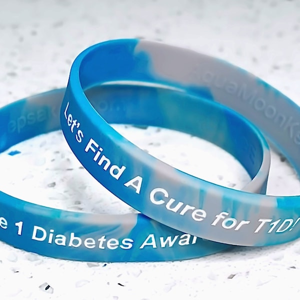 Type 1 Diabetes Wristband Bracelet T1D Awareness Diabetic Gift Blue Gray Support Survivor Fight Warrior Cure Research T One - White Text