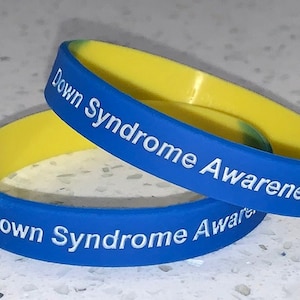 Size Medium Only, Gray Text, Down Syndrome Awareness Silicone Wristband Bracelet Blue Yellow We Donate Towards Research and Support Programs