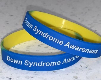 Size Medium Only, Gray Text, Down Syndrome Awareness Silicone Wristband Bracelet Blue Yellow We Donate Towards Research and Support Programs