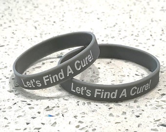 10 "Let's Find a Cure!" Gray Silicone Wristband Bracelets Adult Sizes Medium and Large - Color for Brain Cancer Parkinsons Disease Awareness