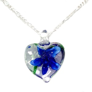 Murano Lampwork Glass Heart (Small) Pendant Necklace, Blue Flower, Sterling Silver Chain