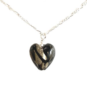 Murano Lampwork Glass Heart (Small) Pendant Necklace, Gold/Silver & Black Ribbon Swirl, Sterling Silver Chain