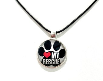 I Love My Rescue Paw Print Pendant Necklace (Options: Black Cord, Silver Chain or Keychain)