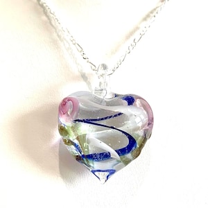 Murano Lampwork Glass Heart (Large) Pendant Necklace, Blue & White Swirl, Sterling Silver Chain