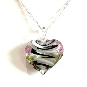 Murano Lampwork Glass Heart (Large) Pendant Necklace, Black & White Swirl, Sterling Silver Chain