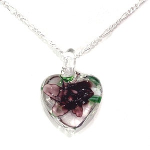 Murano Lampwork Glass Heart (Small) Pendant Necklace, Purple Flower, Sterling Silver Chain