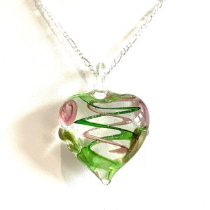 Murano Lampwork Glass Heart (Large) Pendant Necklace, Green & Pink Swirl, Sterling Silver Chain