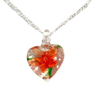 Murano Lampwork Glass Heart (Small) Pendant Necklace, Orange Flower, Sterling Silver Chain