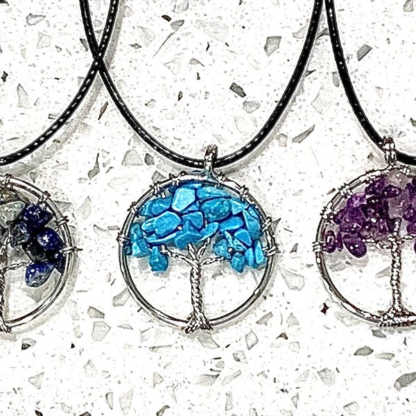 Tree of Life Necklace, Gemstone Pendant, Chakra (Mixed Gemstone), Red Jasper, Lapis Lazuli, Turquoise, Amethyst, Black Cord, Adjustable