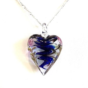 Murano Lampwork Glass Heart (Large) Pendant Necklace, Blue Swirl, Sterling Silver Chain