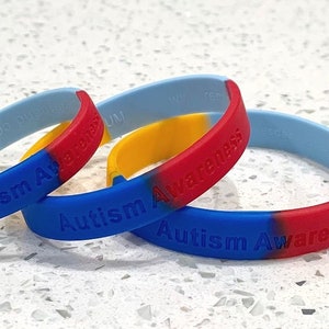 10 Autism Awareness Silicone Wristband Bracelets - Sizes Small, Medium and Large - Red Blue Yellow