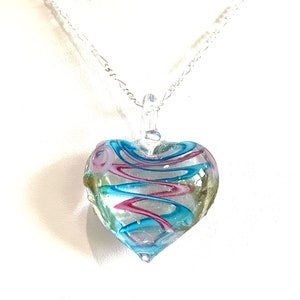 Murano Lampwork Glass Heart (Large) Pendant Necklace, Pink & Blue Swirl, Sterling Silver Chain