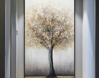 Original Gold Tree Painting on Canvas, Gray Abstract Art