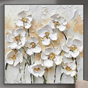 Peinture acrylique texturée 3D sur toile, cadeau personnalisé, peinture abstraite, art mural fleurs dorées, décoration de salon, peinture murale encadrée,