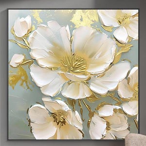 Peinture acrylique texturée 3D sur toile, cadeau personnalisé, peinture abstraite, art mural fleurs dorées, décoration de salon, peinture murale encadrée,