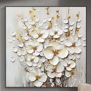 Peinture acrylique texturée 3D sur toile, cadeau personnalisé, peinture abstraite, art mural fleurs dorées, décoration de salon, peinture murale encadrée,