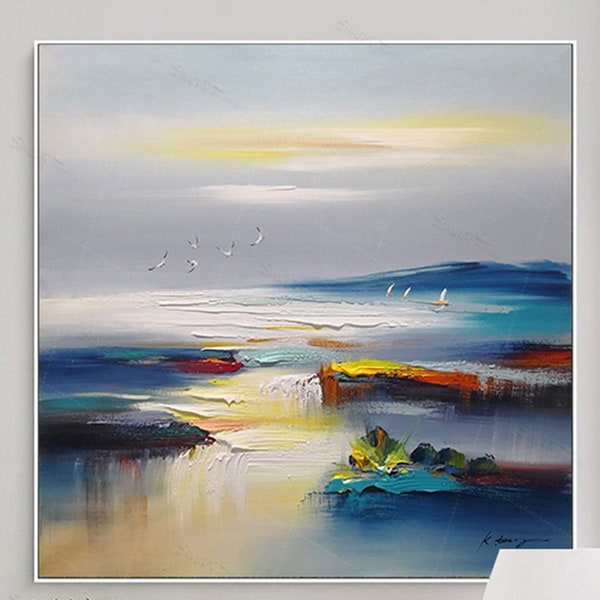 Framed Navy Blue Seascape Painting, Abstract Acrylic Texture Wall Art