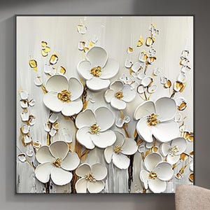 Peinture acrylique texturée 3D sur toile, cadeau personnalisé, peinture abstraite, art mural fleurs dorées, décoration de salon, peinture murale encadrée,