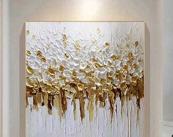 Neutral Spring Floral Wall Art,Handmade Textured Flower Canvas,Beige gold Palette Knife Painting