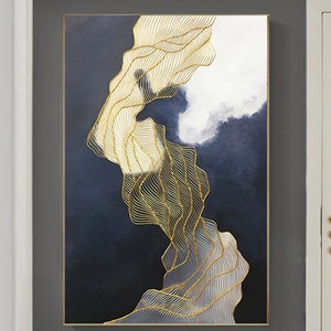 Gold lines Abstract painting on canvas acrylic painting frame wall painting for living room original3D texture navy bluewall art wall decor