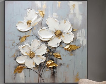 Pintura floral texturizada sobre lienzo, detalles en pan de oro, decoración de pared wabi-sabi