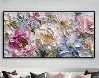 3DTextured Pink Floral Abstract Painting On Canvas,living room Wall Art,custom wall decor
