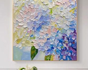 Purple Hydrangea Painting, Textured Acrylic Flower Art on Canvas