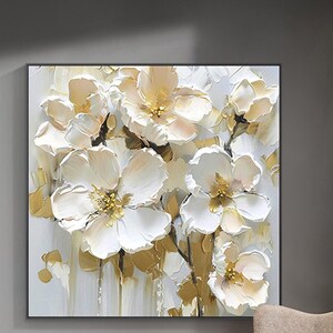Peinture acrylique texturée 3D sur toile, cadeau personnalisé, peinture abstraite, art mural fleurs dorées, décoration de salon, peinture murale encadrée,