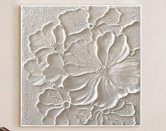 Minimalist White Textured Art Flower Painting,Calming Abstract living room Oil Floral Canvas